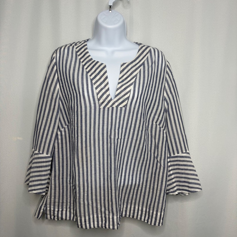 Chicos Blue White Striped Split Neck Bell Sleeve Top Size 2 Large Cotton Coastal